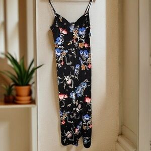 Express wide leg jumpsuit,romper,Black floral background, vivid orange & blue❤️